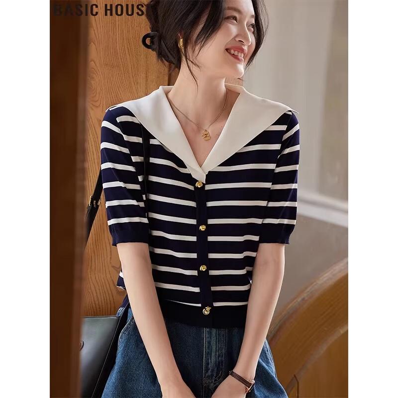 Basic House Women s Striped Sailor Collar Knit T-shirt M