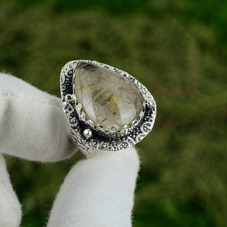 Sterling Silver Natural Golden Rutile Art Deco Statement Trendy Ring Size 8.5 8.5