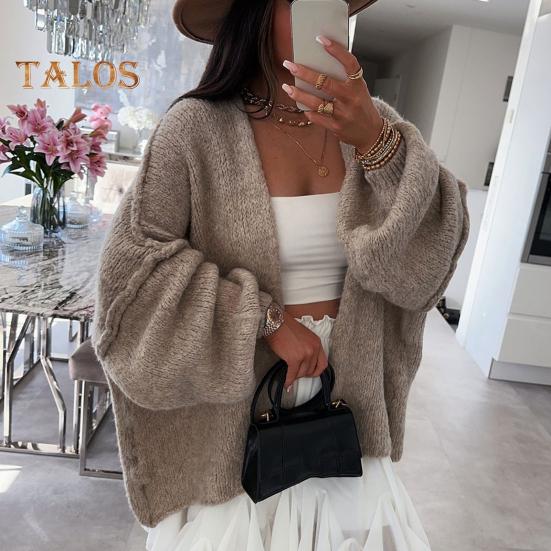 Cardigan feminino lanterna manga longa cor sólida oversized malha cardigan frente aberta leve suéter outwear