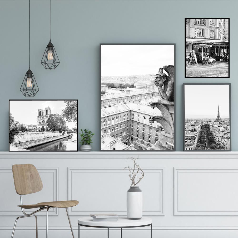 Black White Canvas Painting Paris Eiffel Tower Louvre Gargoile Notre Dame Poster Prints Nordic Style Wall Art Picture Home Decor
