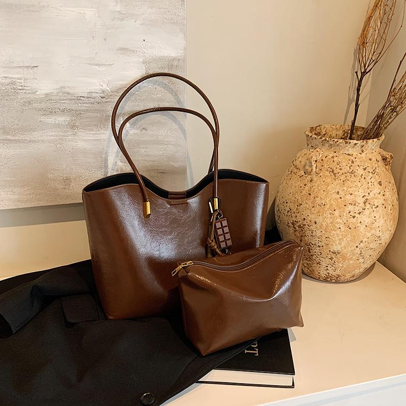 Bright PU Leather Big Tote Bag Set For Women 2-IN-1 Solid Color Shoulder Bags With Pendant Vintage Large Capacity Shopper Totes