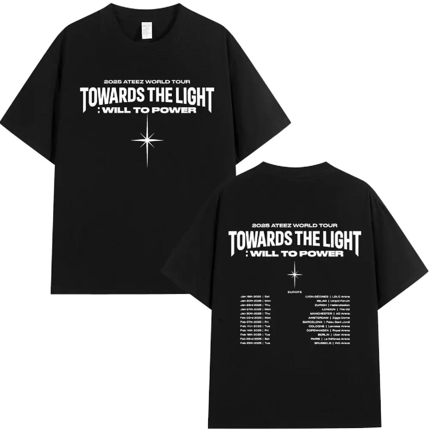 Ateez 2025 World Tour Towards The Light_ Will To Power T Shirt Men Women Korean Kpop Fashion High Quality Casual Cotton T-shirts S чёрный