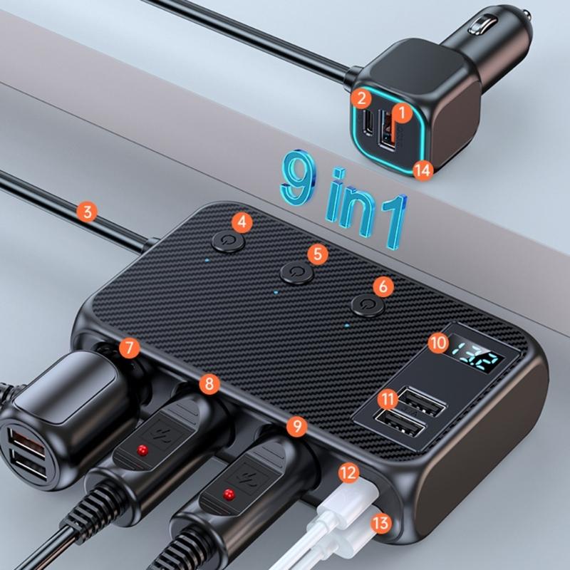 Car Charging Hub Splitters with Independent Switches Fast Charging Adapter Vehicles Charger for 12V-24V Car Truck SUVs