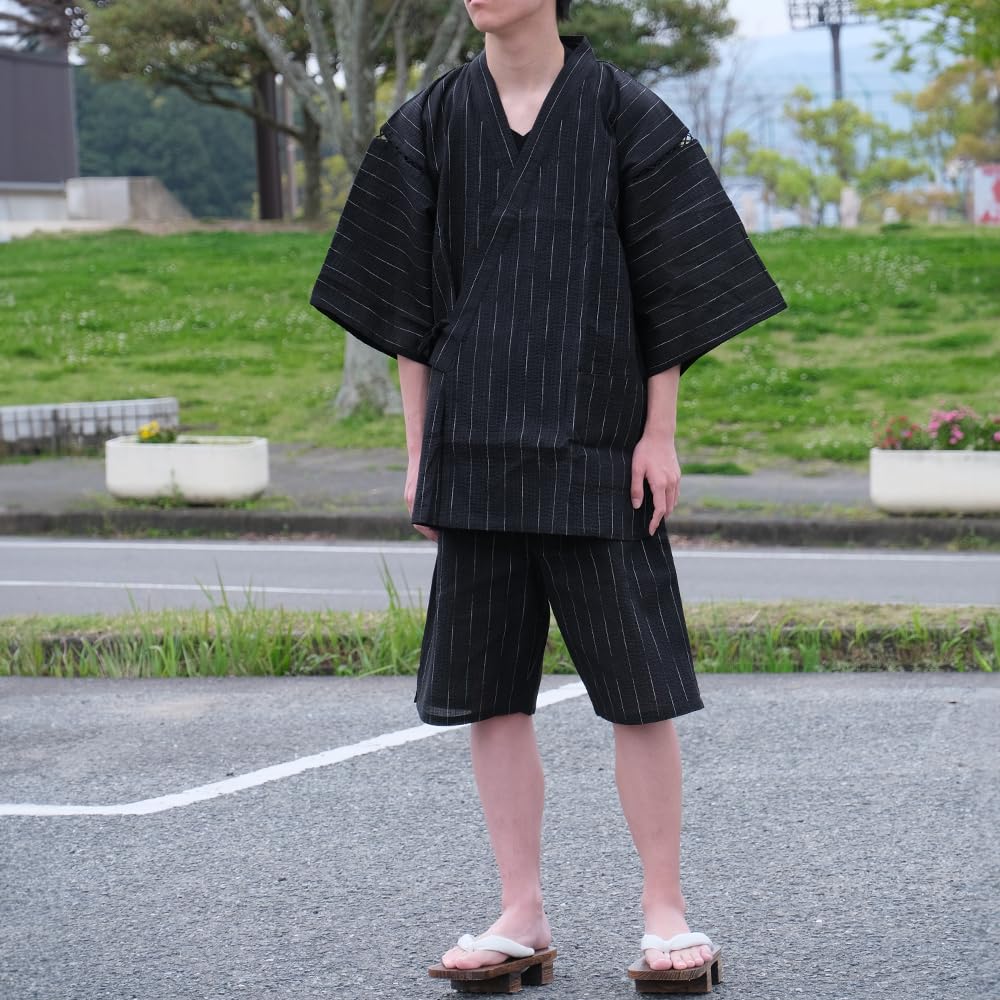 Jinbei Cotton Linen Pajamas Stylish Loungewear Summer Gift for Striped LL No-brand Men's Set, Father's Day, Black,