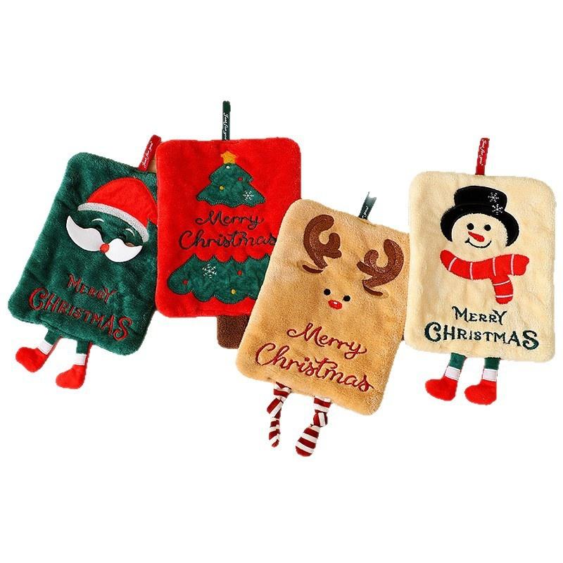 Merry Christmas Hand Towel, Thickened Coral Fleece Cartoon Cute Extended Rope Christmas Hand Towel, Water-Absorbent Quick-Drying