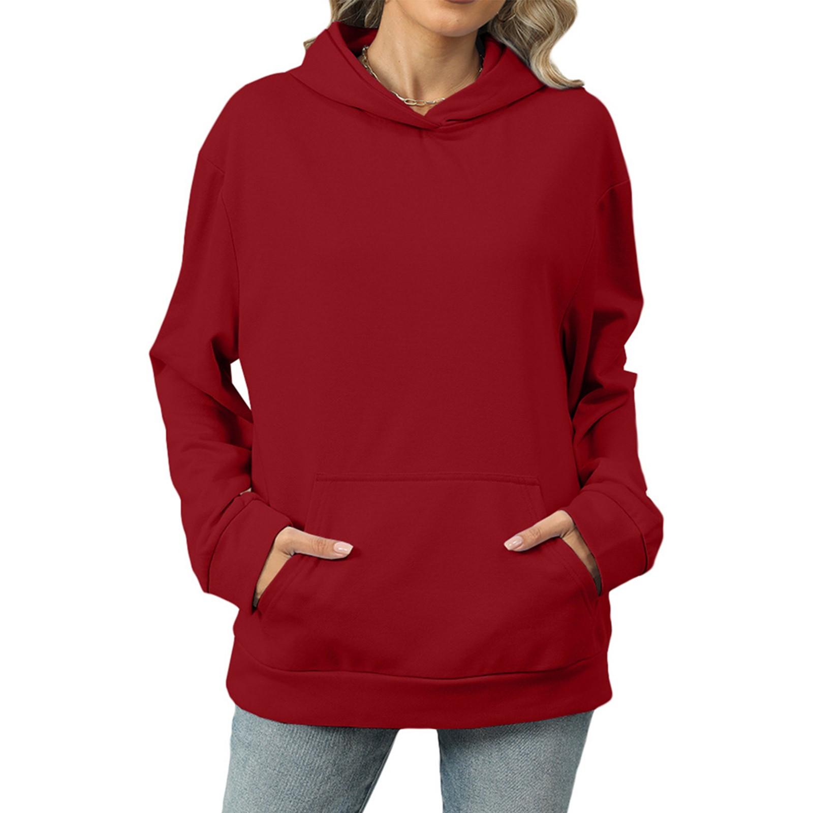 

Женская модная однотонная толстовка с круглым вырезом и длинными рукавами, карманом и капюшоном M винный