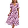 Womens Casual V Neck Short Sleeve Floral Print Midi Dress Vintage Style Lightweight Soft Fabric Flowing Skirt for Daily Wear
