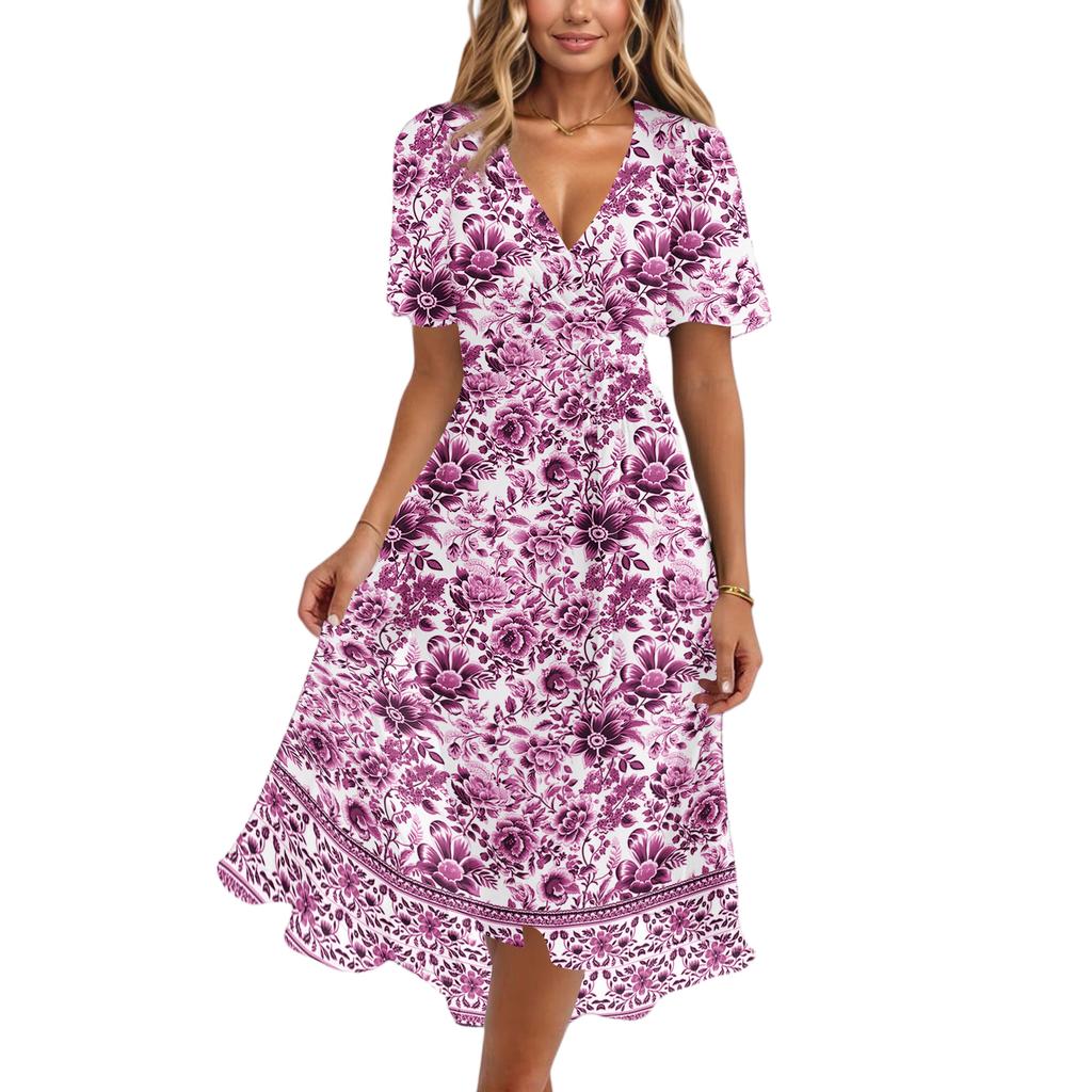 Womens Casual V Neck Short Sleeve Floral Print Midi Dress Vintage Style Lightweight Soft Fabric Flowing Skirt for Daily Wear