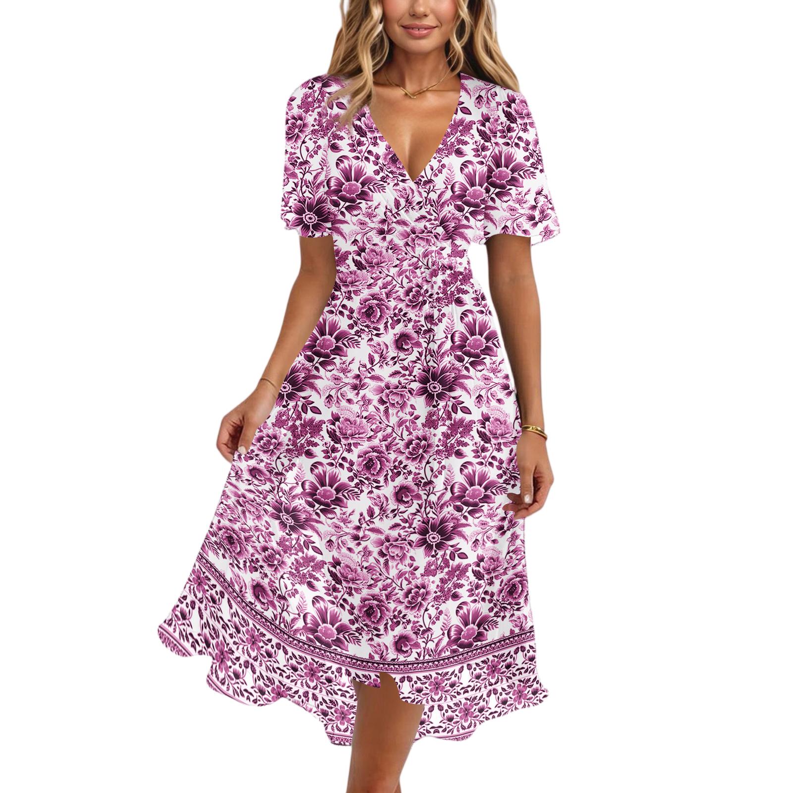 

Womens Casual V Neck Short Sleeve Floral Print Midi Dress Vintage Style Lightweight Soft Fabric Flowing Skirt for Daily Wear XL