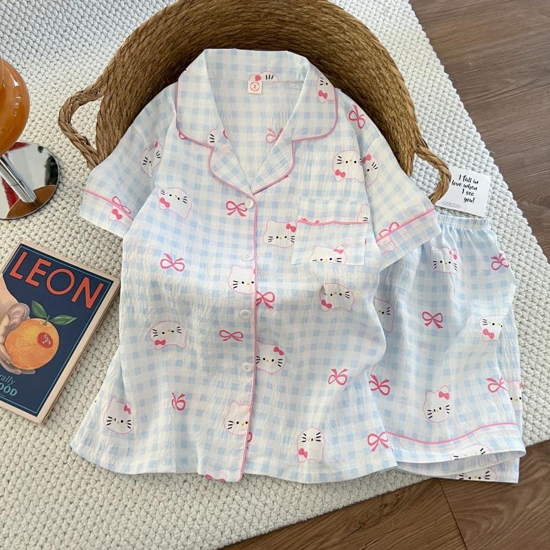 Summer New Pajamas Women's Short-sleeved Shorts Thin Cloud Cotton Cartoon Cute Large Size Korean Version Loungewear