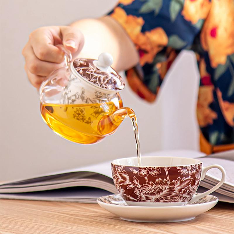 Red Flower Design Tea for One Set Glass Teapot Porcelain Saucer and Teacup Strainer Coffee Cup with Gift Box