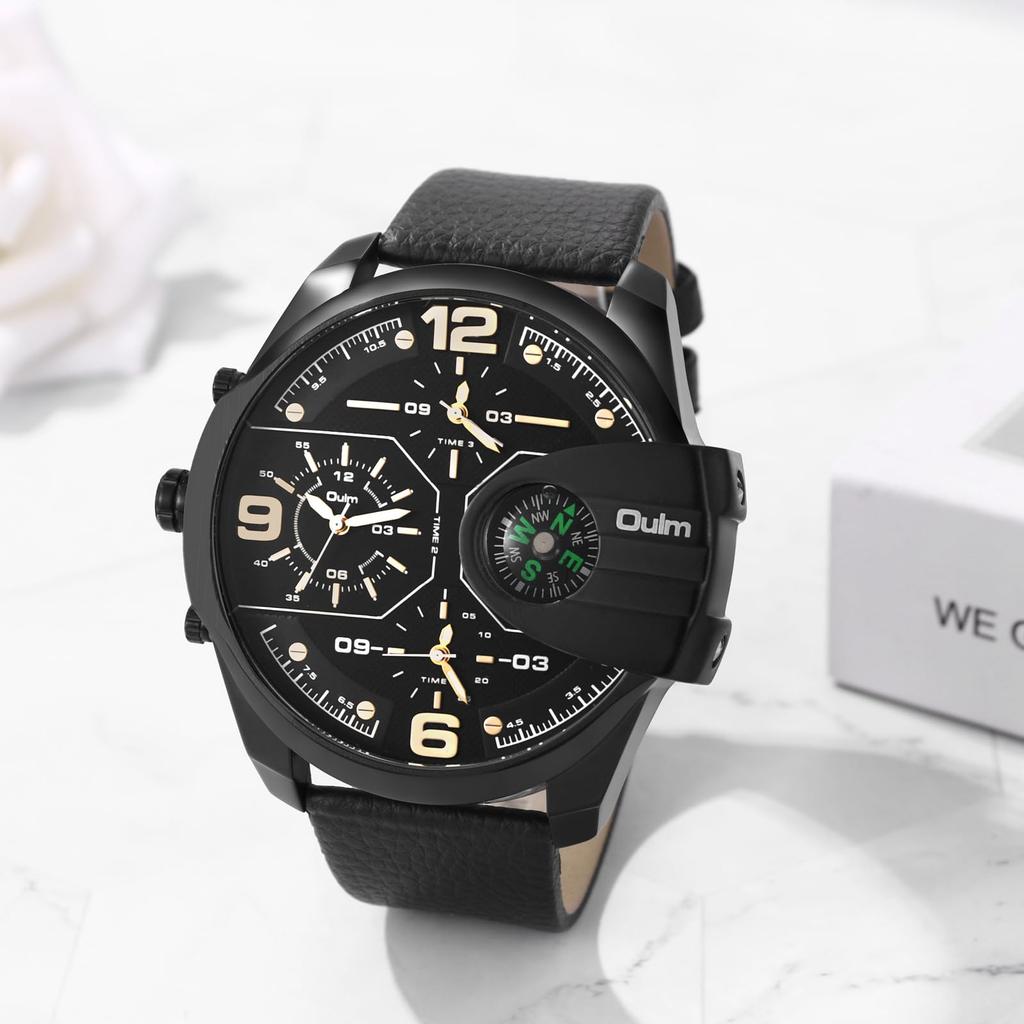 Men's Watch PU Leather Band 3 Time Zone Display Analog Display Quartz Waterproof Compass Design Large Dial Sports Watch Outdoor Easy To Read Casual