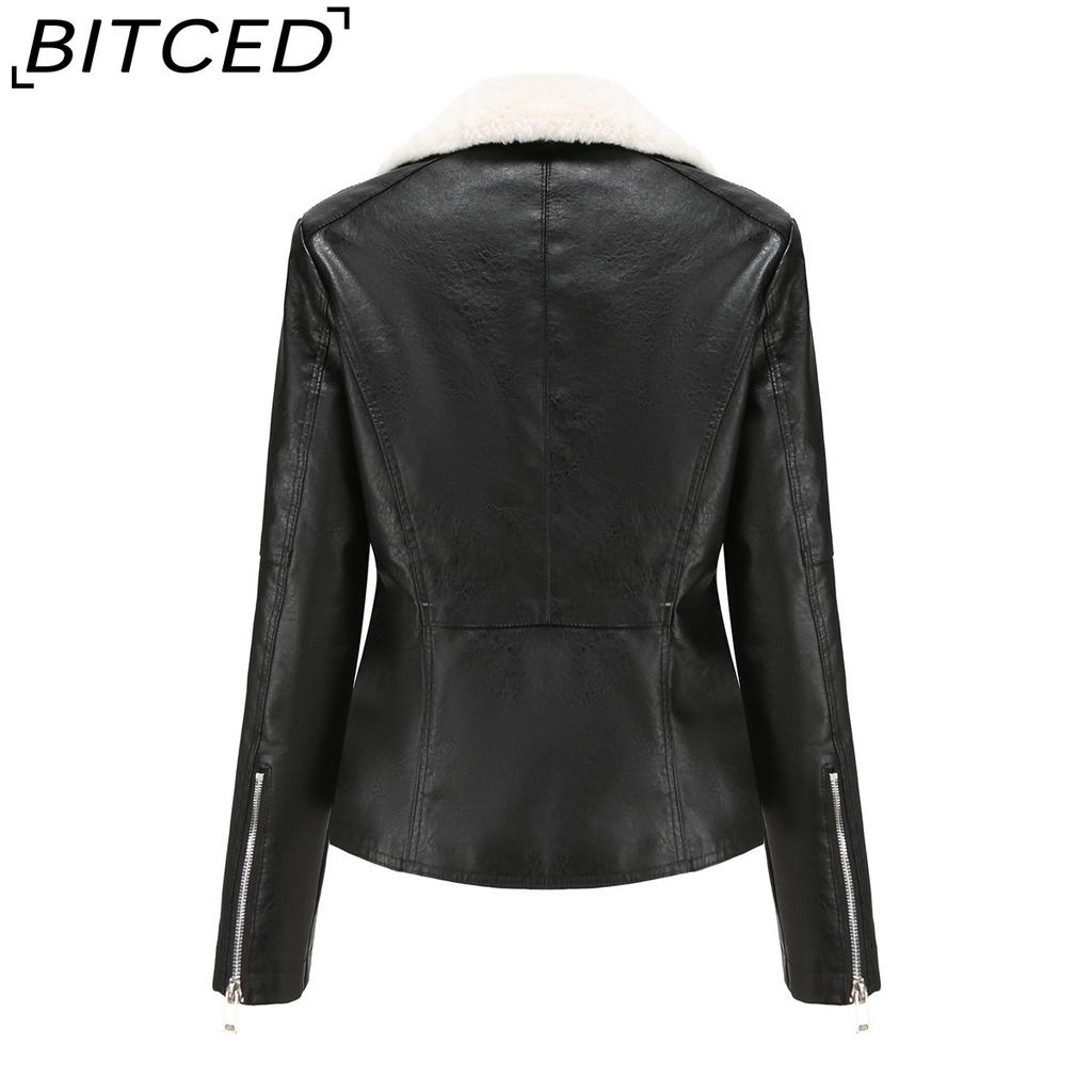 BITCED Autumn/Winter Faux Fur-Lined Leather Jacket for Women with Fleece Lining, Long Sleeves, Warm Coat, Casual Style