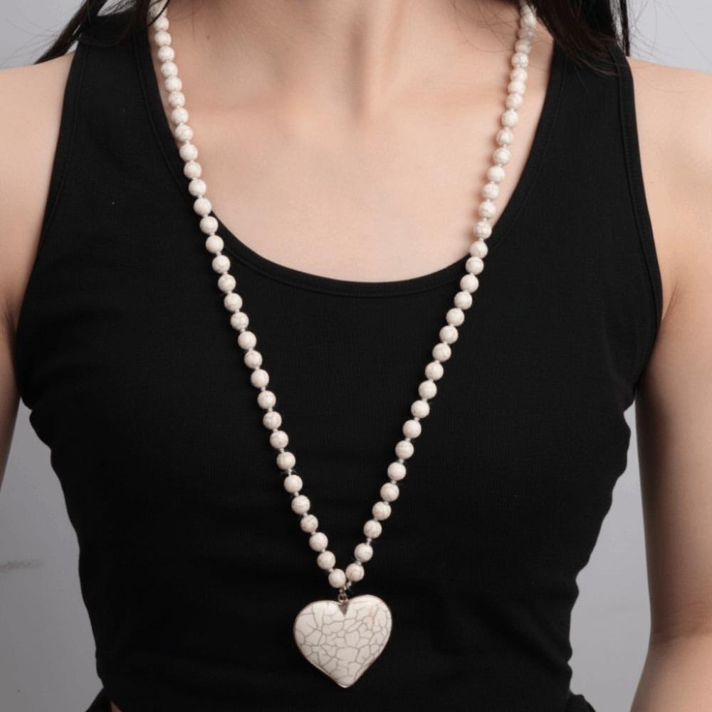 Heart Shape Pendant Turquoise Beaded Necklace 8 mm Beads Boho Necklace Women Gift