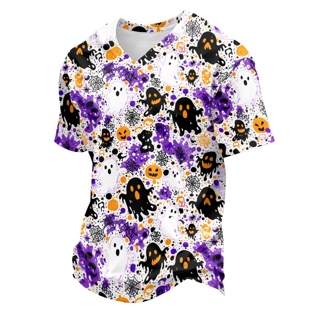 Men's Casual Lightweight Breathable Short Sleeve V Neck Shirt Halloween Print Handprint Pattern Comfortable Fit