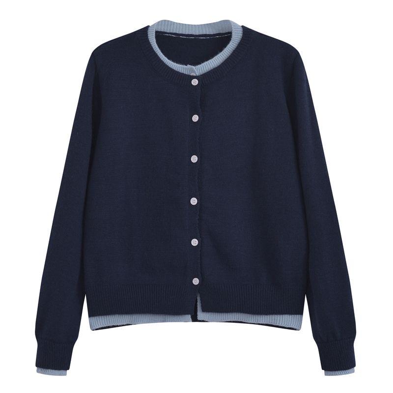 

Женские кардиганы вязаные однотонные с эффектом двойки, с контрастной вставкой, свитер-пальто, осенняя повседневная верхняя одежда для корейских женщин, топы S синий