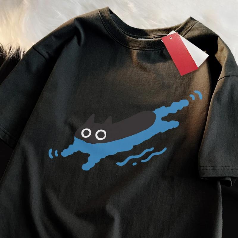 

Couple Tees Swimming Black Cat Diving Shoulder Short Sleeved T-shirt For Men Women Breathable Casual Pure Loose Tops Fashion 4XL