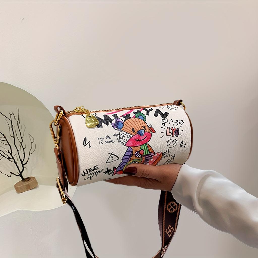 Fashion Graffiti Print Crossbody Bag, Trendy Shoulder Cylinder Bag, Women's Vintage Handbag & Barrel Purse