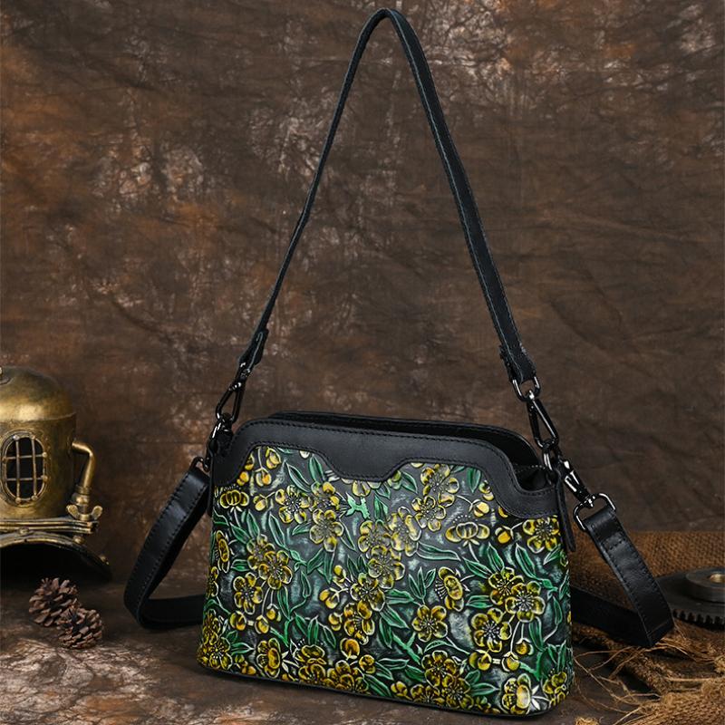 Johnature Äkta Läder Retro Präglad Damväska Mångsidig Nötskinn Handmålad Axel- & Crossbodyväska