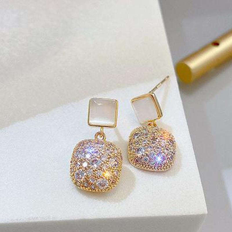 Small Opal Sterling Silver Needle Drop Earrings for Women Wedding Luxurious Dense Inlay Earrings Bride Fashion