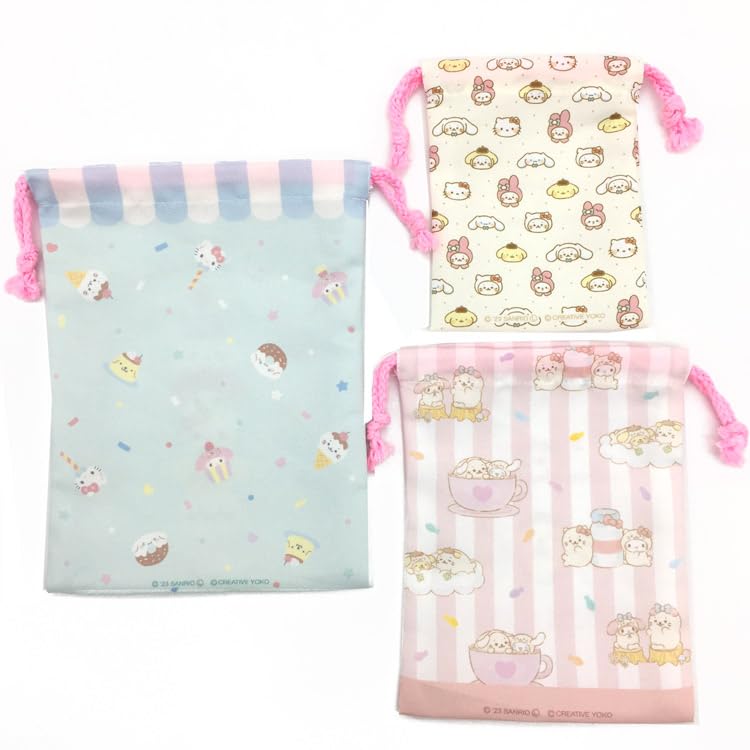 Marimocraft Shirotan x Sanri Characters 3-Piece Drawstring Bag (047804) - Hello Kitty, My Melody, Pompompurin, and Cinnamoroll