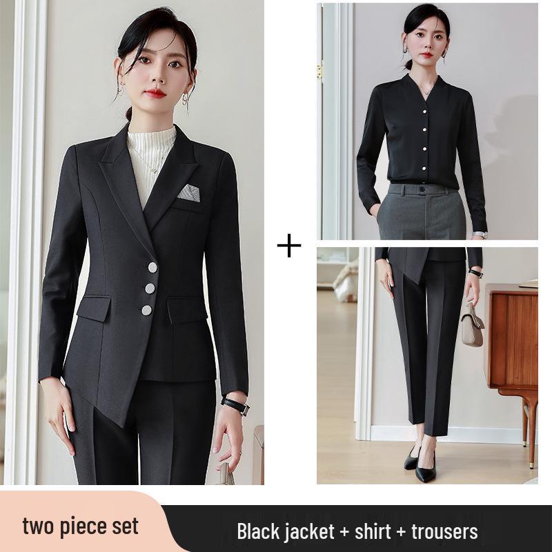 Women's Black Autumn Waist-Slimming Suit Jacket Workwear Set