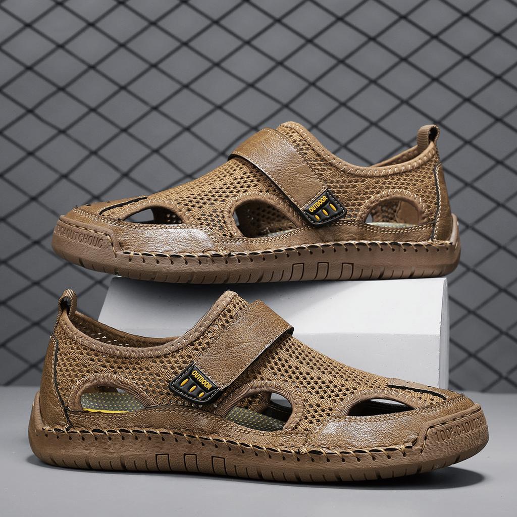 Men Mesh Sandals with Flat Soles and Handmade Stitching for Breathability Trendy Casual Anti Slip Large Beach Size Men Sandals