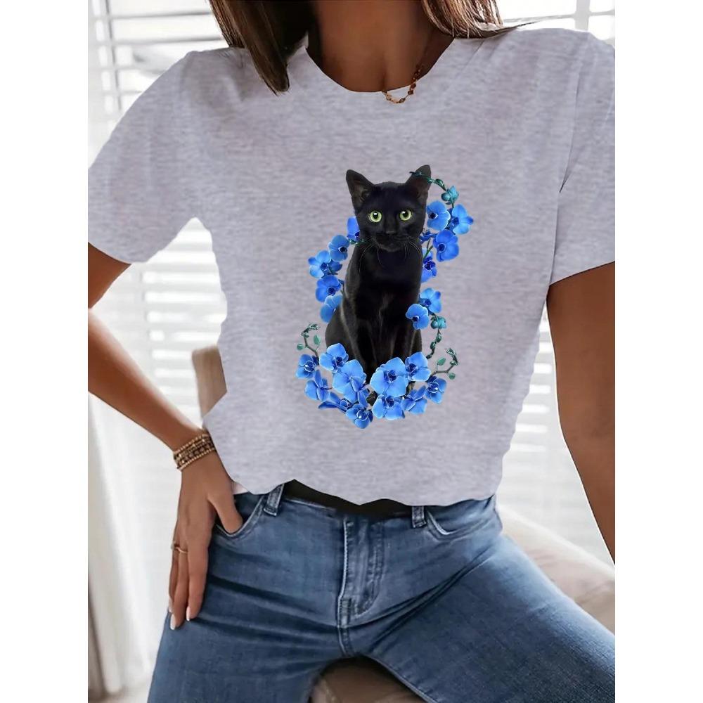 

Стильный женский топ с принтом кошки, круглым вырезом и короткими рукавами, модный, повседневный, свободный и универсальный 6XL