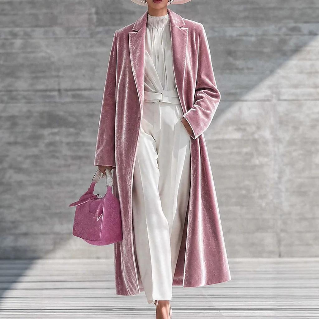 Autunno e Inverno, Popolare Cappotto Lungo in Velluto Dorato da Donna Giacca in Velluto con Revers High-End Sopra il Ginocchio