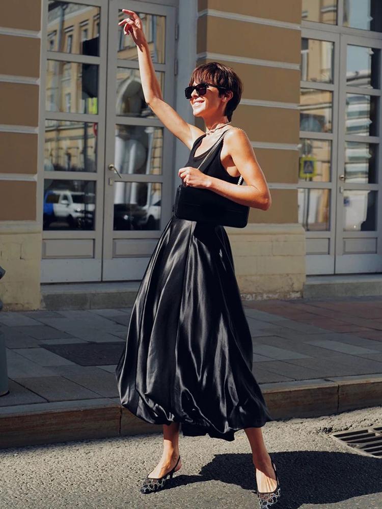 Cetim Saias Drapeadas Cintura Alta Saia Longa Em Cetim Com