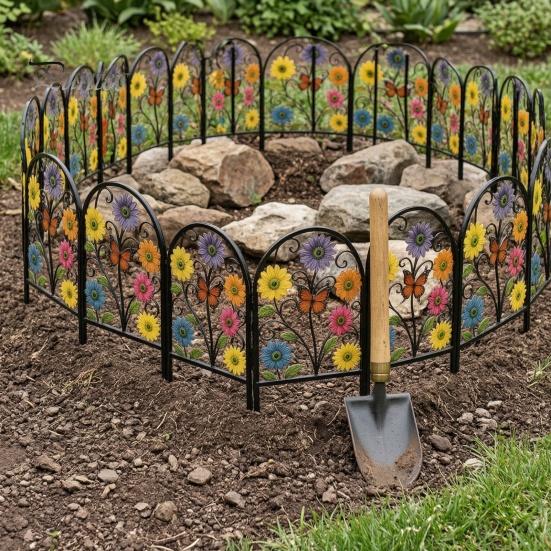 Hinterhof Blumenbeet Begrenzung Gartenzaun Tierbarriere, Schmetterling Floral Metalldraht Panel Begrenzung, Gebogenes Dekoratives Panel, Barriere für Hunde, Kaninchen,
