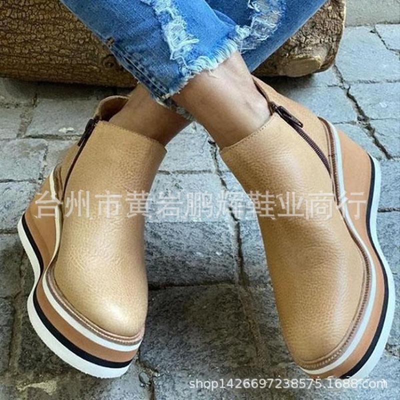 Large size slope heel short boots women's autumn and winter new flat bottom side zipper round head solid color bare boots thick-soled leather boots