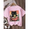 Kids Cartoon Black Cat Eating Instant Noodles Graphic Crewneck Short Sleeve T-Shirt