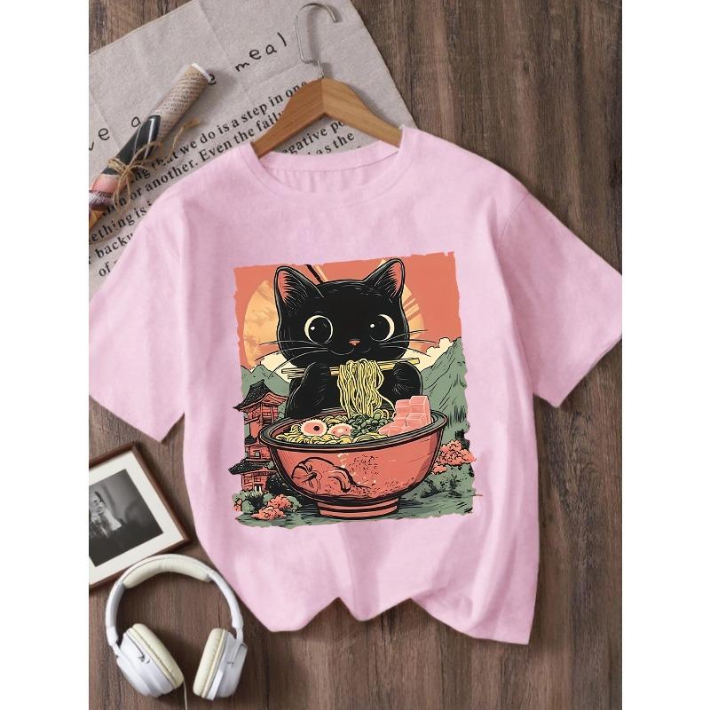 Kids Cartoon Black Cat Eating Instant Noodles Graphic Crewneck Short Sleeve T-Shirt