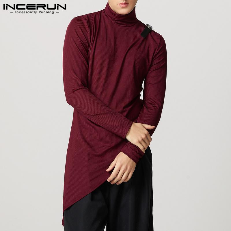 INCERUN Men Turtleneck Long Sleeve Patchwork Irregular Thin Rib Tops Undershirts