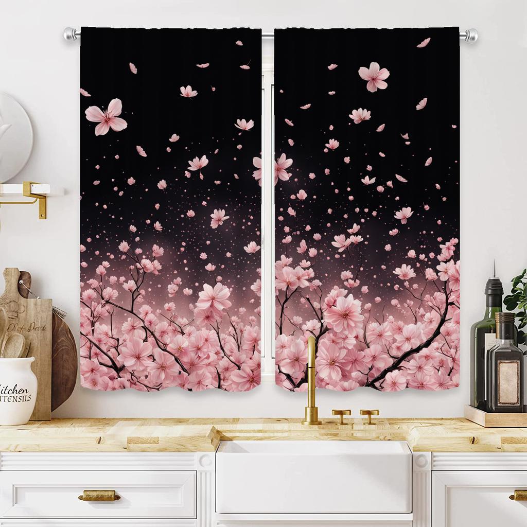 2PCS Black to Pink Cherry Blossom Print Sheer Polyester Curtains Rod Pocket Top for Living Room Bedroom Home Decor
