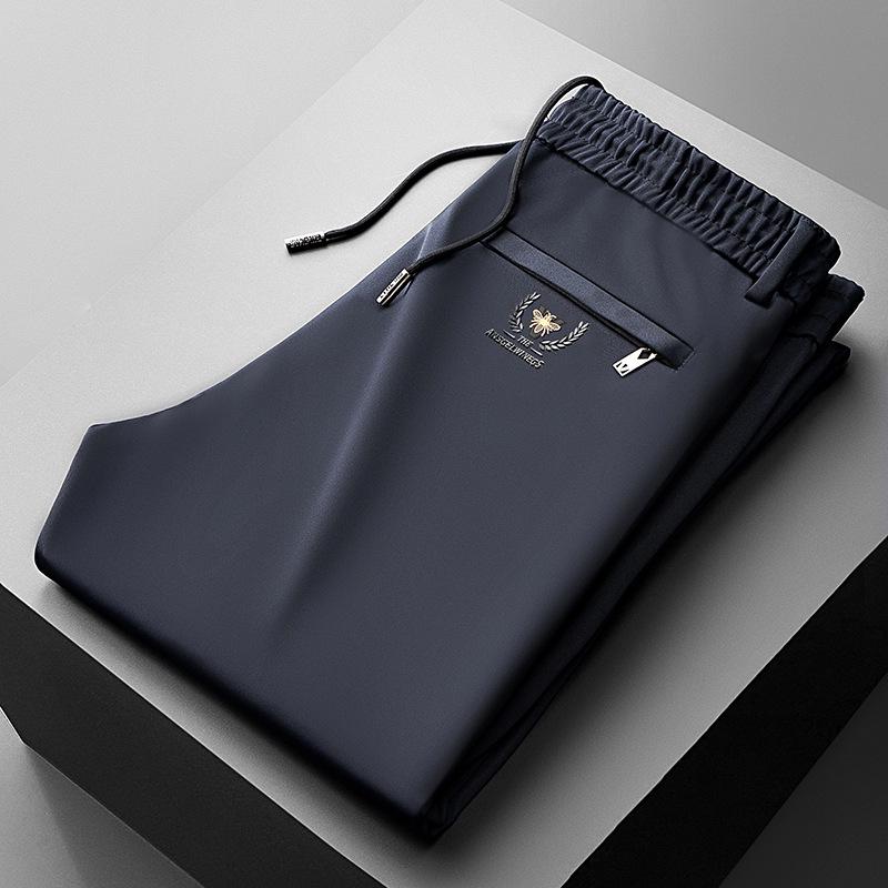 

Men s Summer Ice Silk Stretch Pants: Lightweight, Loose Fit, Elastic Waist, Non-Iron, Casual Straight Leg. 5XL (recommended 92-100 kg) тёмно-синий