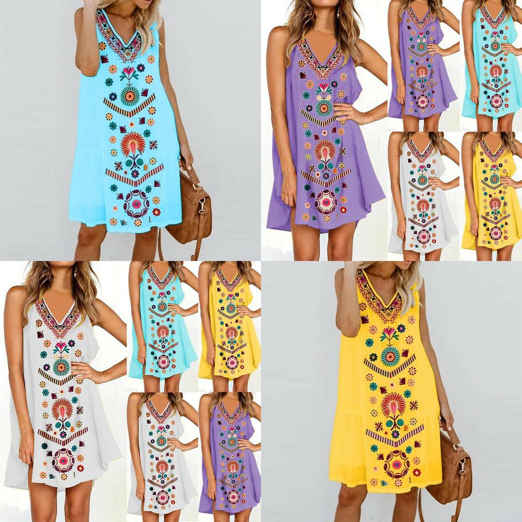 Womens Midi Dress Sleeveless Boho Beach Casual Floral Sundress Perfect For Summer