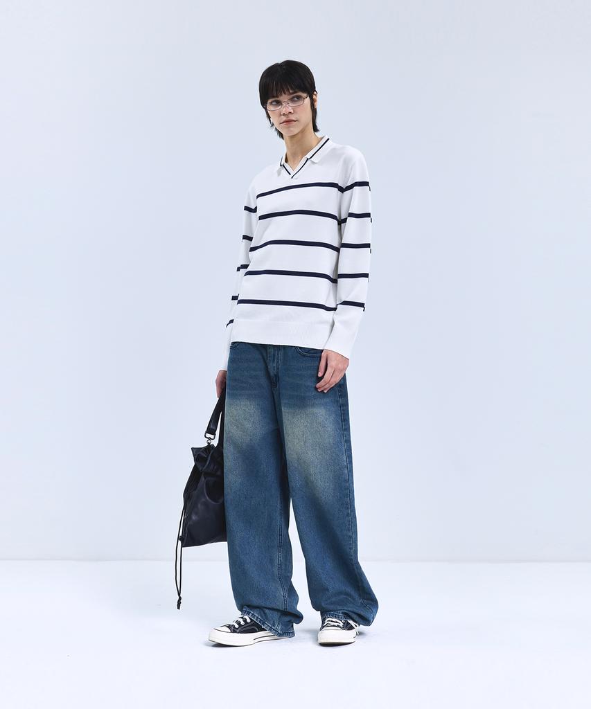IRONYPORNO WHITELINE 86-Iroj365 Open-Neck Striped Long-Sleeve Knit White