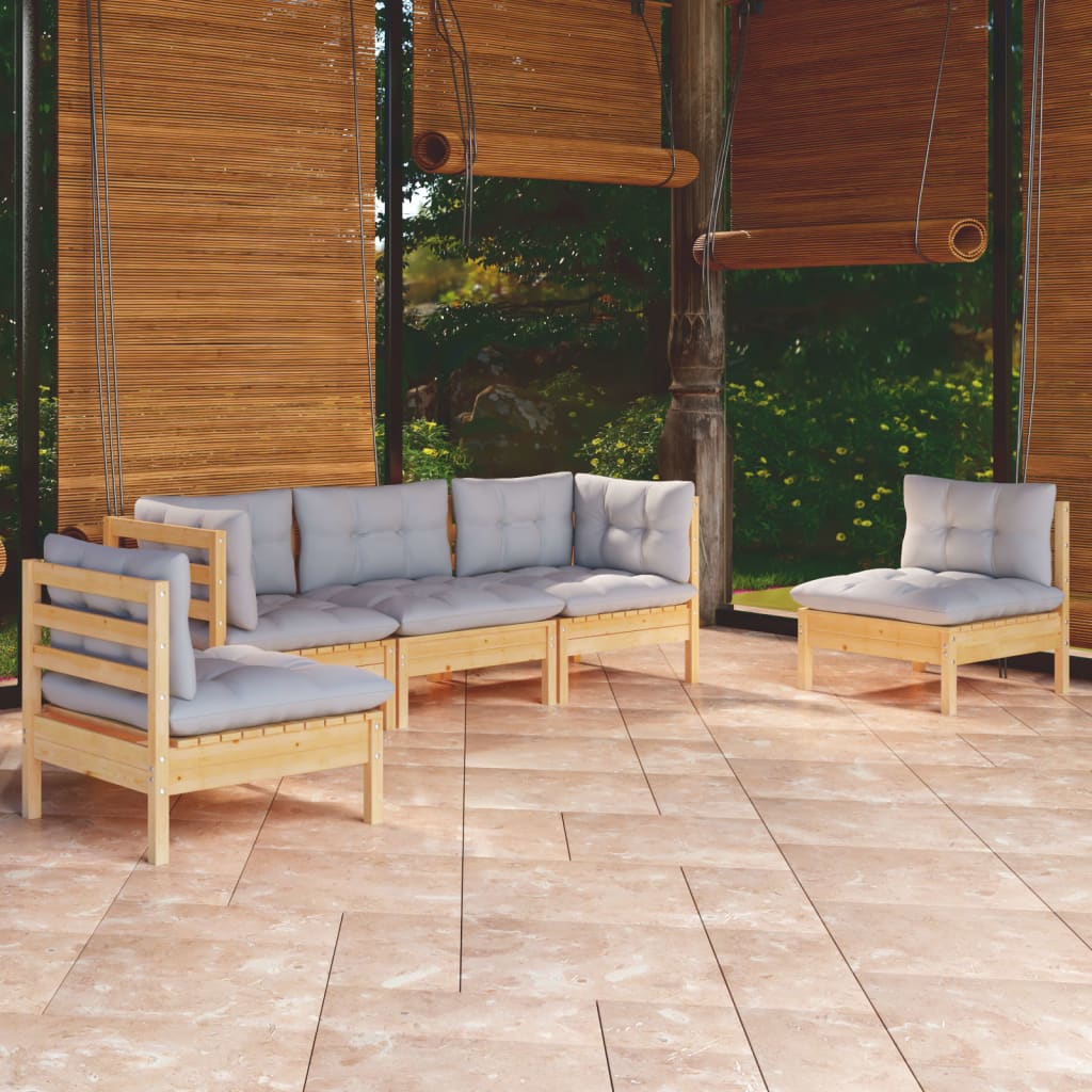 Vidaxl 5-Cz. Garden Lounge Set, Grey Cushions, Pine