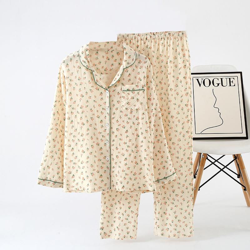 Pajamas women's pure cotton spring and autumn women's long-sleeved new lapel casual loose loungewear two-piece set can be worn outside