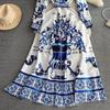 Autumn Holiday Red Blue And White Porcelain Maxi Dress Women Long Sleeve Single Breasted Lace Up Belt Flower Print Robe