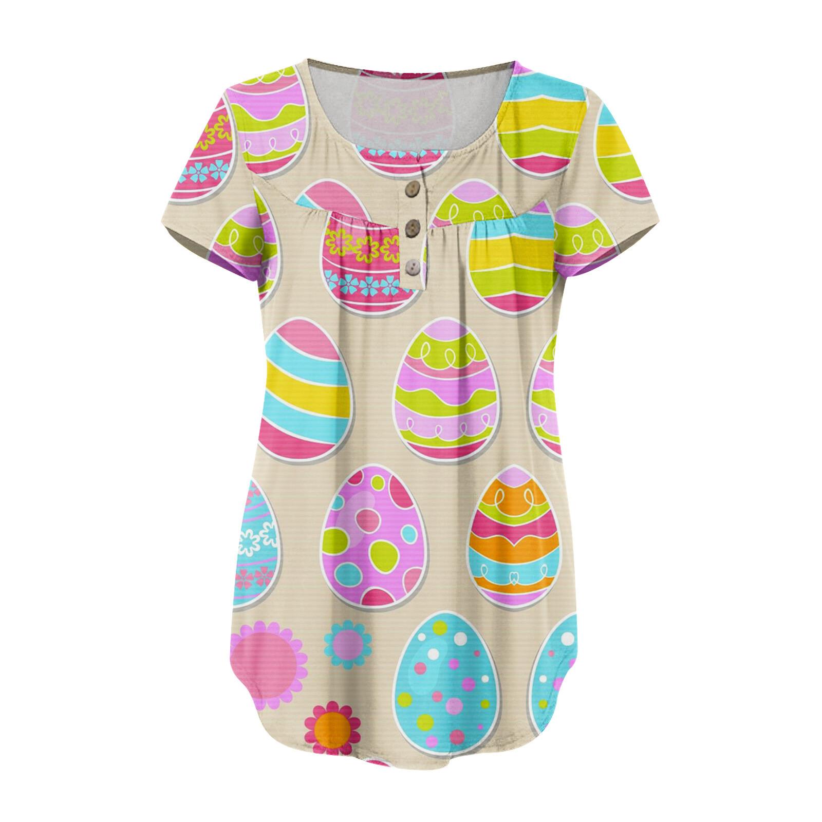 Женская футболка с коротким рукавом и V-образным вырезом на Пасху и принтом на пуговицах — фото 4