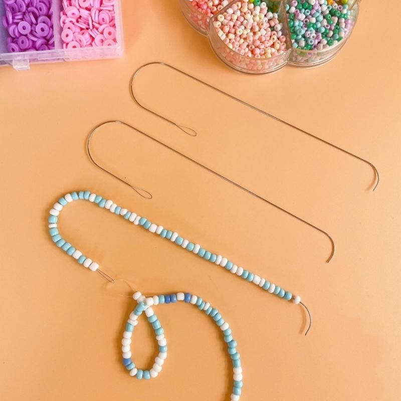 10Pcs Large Eye Beading Needle with Curved and Straight Handle, Stainless Steel Curved Beading Needle for Bead Spinner