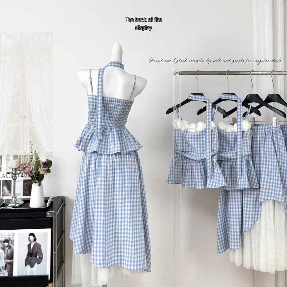 Women's Summer 2025 Floral Checkered Camisole & Irregular Midi Skirt Set