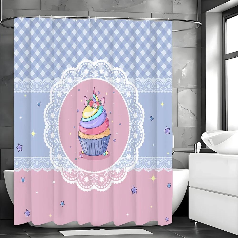 ~O~Powder Blue Lace Ice Cream Shower Curtain, Bathroom Decorative Shower Curtain, Waterproof Shower Curtain with Hooks