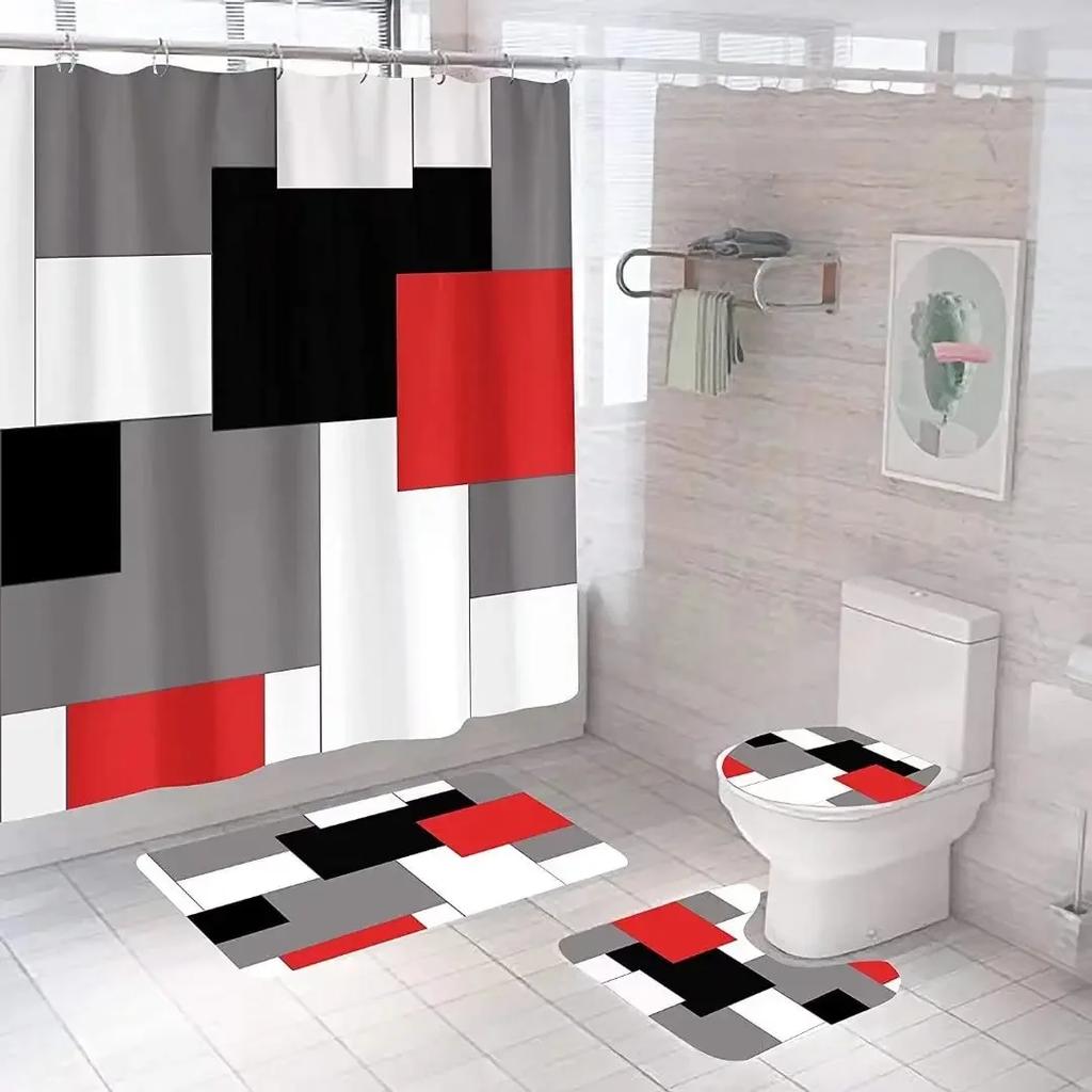Geometric Blue Shower Curtain Set Non-Slip Rug Toilet Lid Cover Bath Mat Black Gray Bathroom Decor Waterproof