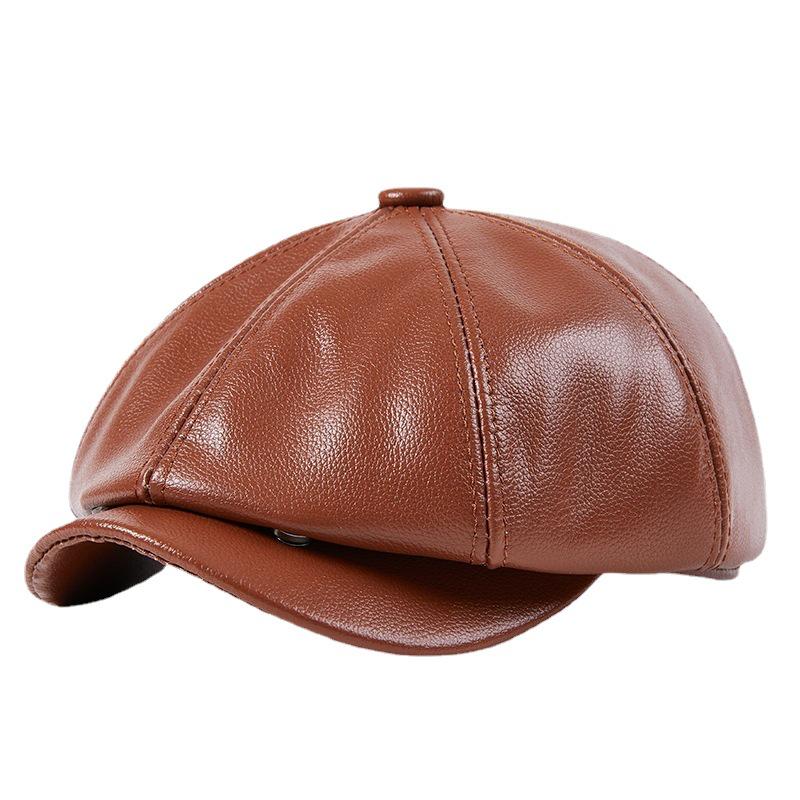 Trendy Korean-Style Cowhide Leather Octagonal Beret for Men - Autumn/Winter