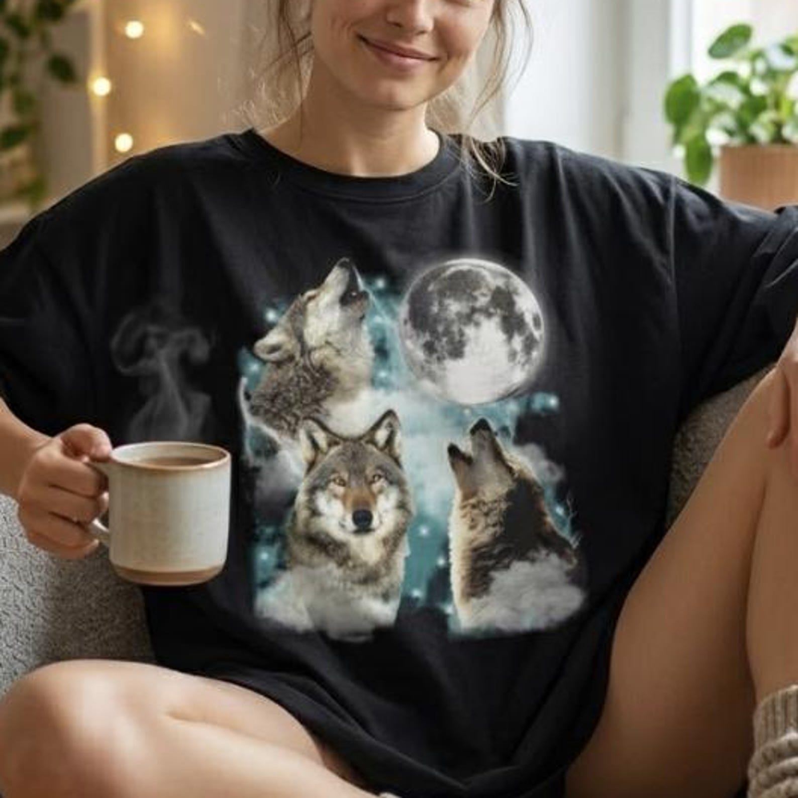 Vintage 90s Wolf Shirt, Retro Three Wolves Moon Tee, Aesthetic Nature Wildlife Graphic T-Shirt, Indie Grunge Streetwear, Gildan 5000 Gift 2XL