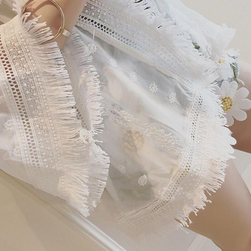 Women Lace Embroider Loose Chiffon Tops Summer Beach Cover Up Tassel Cardigan